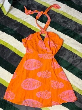 Aakaa Orange Halter Dress with Pink Print NWT Size L